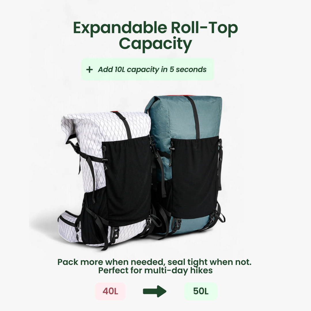 Ultrea - Zaino da trekking ultraleggero, espandibile e pronto all'avventura (50L)
