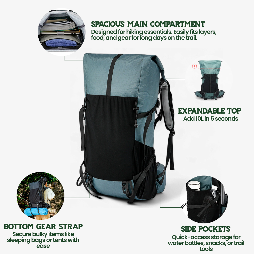 Ultrea - Zaino da trekking ultraleggero, espandibile e pronto all'avventura (50L)