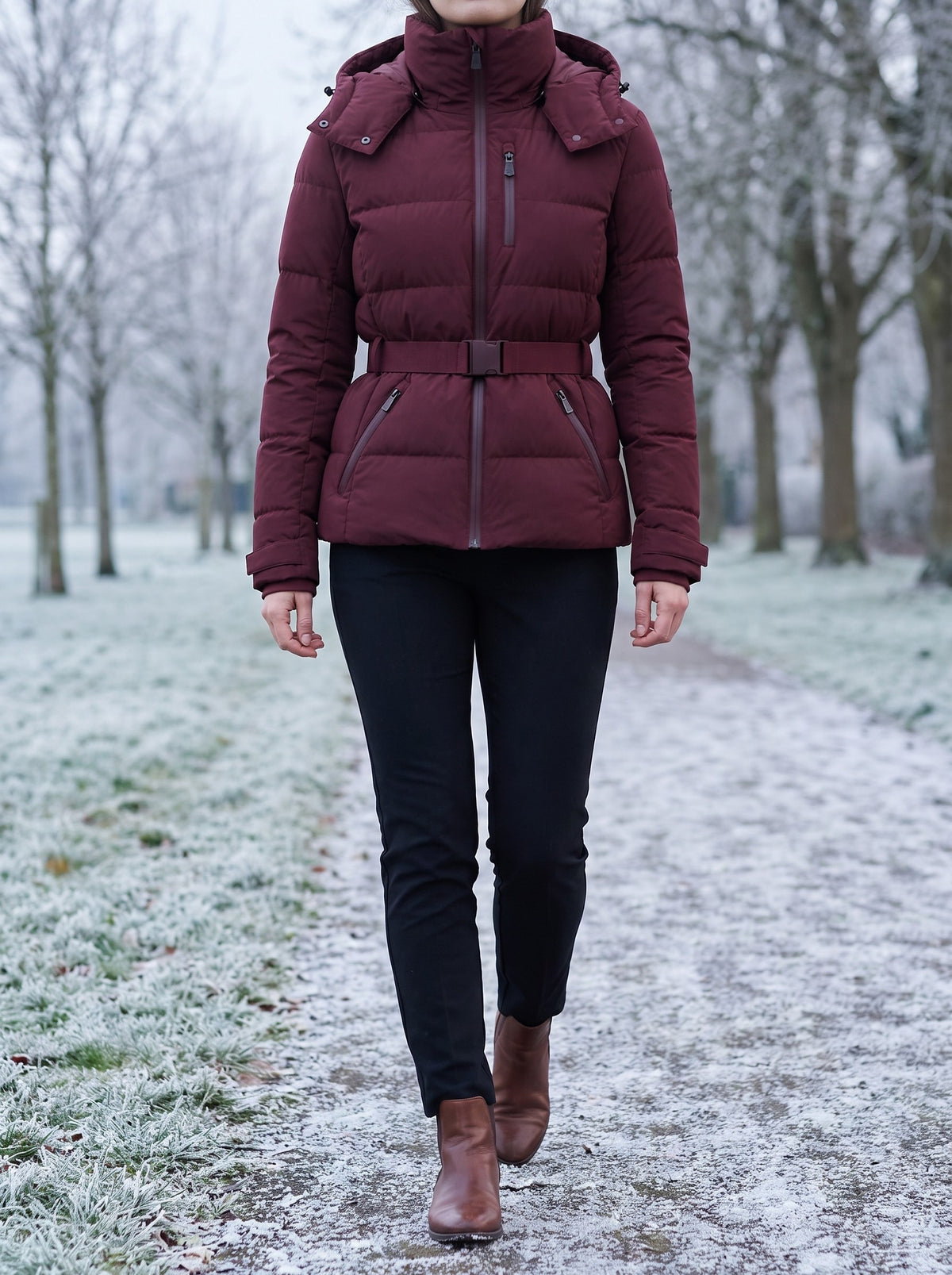 Woman walking a frosty park path in the burgundy belted winter jacket