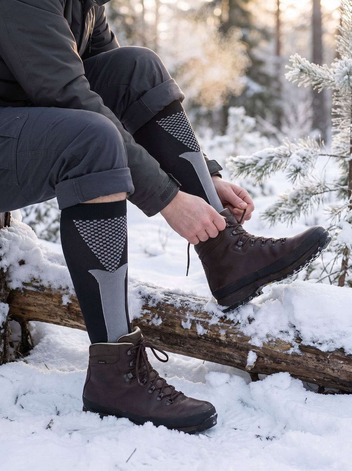 Hiker on a snowy forest trail lacing winter hiking boots over black knee-high compression socks