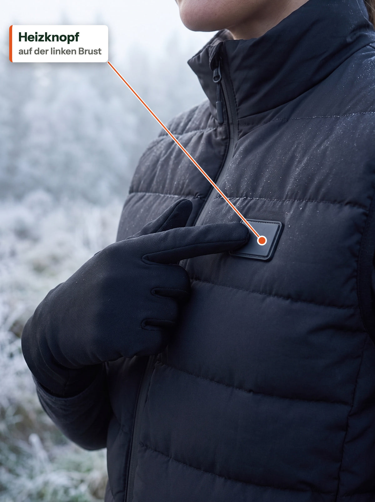 Ein Finger im Handschuh drückt den Heizknopf auf der linken Brust der schwarzen Weste