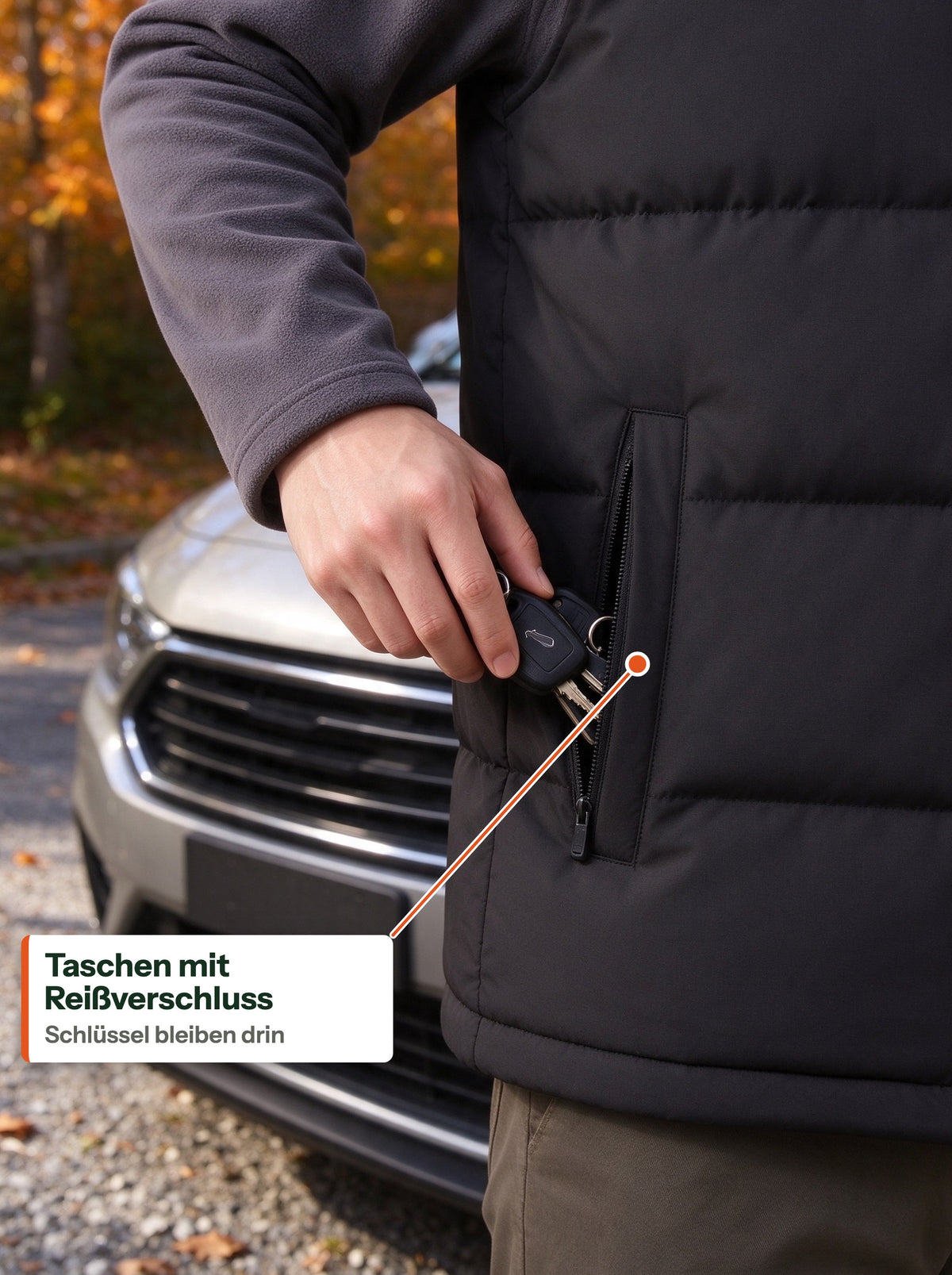 Car keys going into the zipped hand pocket of the black quilted vest (DE Label)