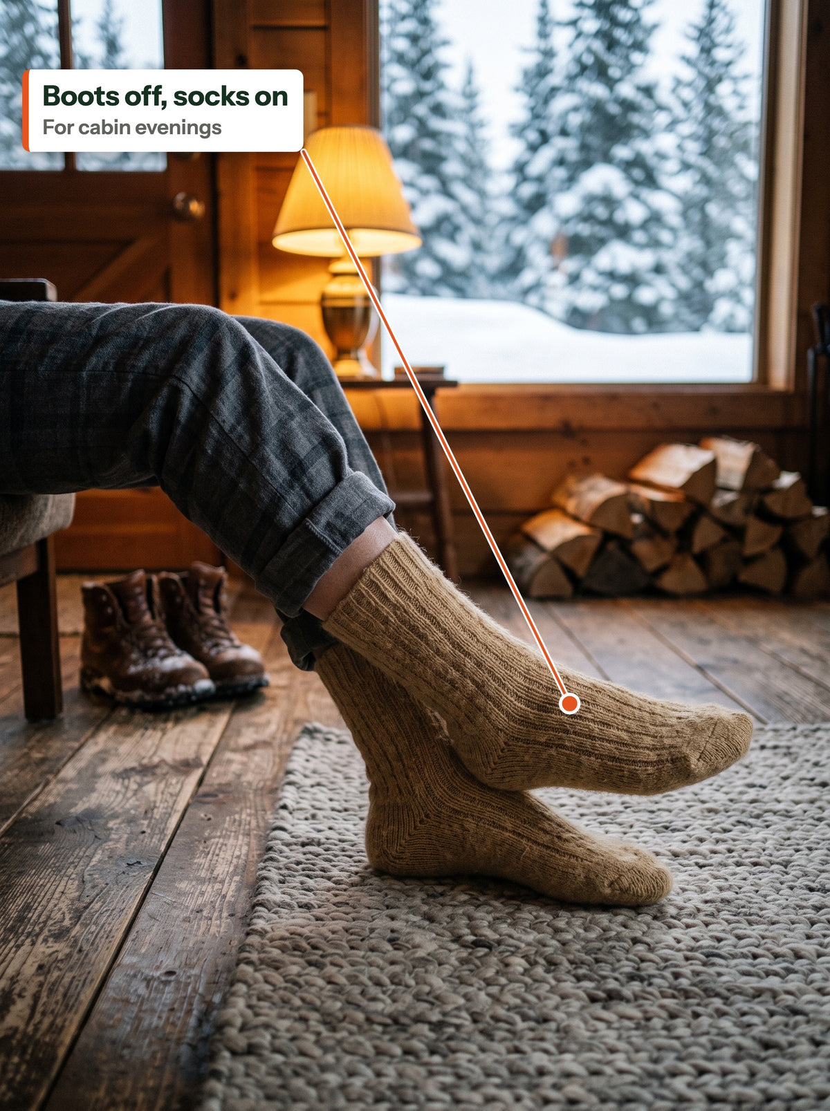 Khaki socks at the cabin, boots by the door