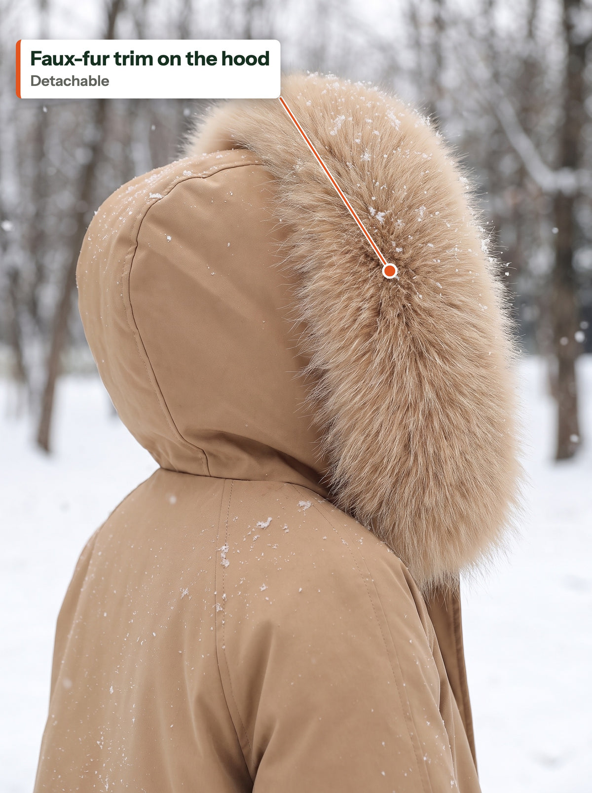 Faux-fur trim on the hood, detachable (EN label)