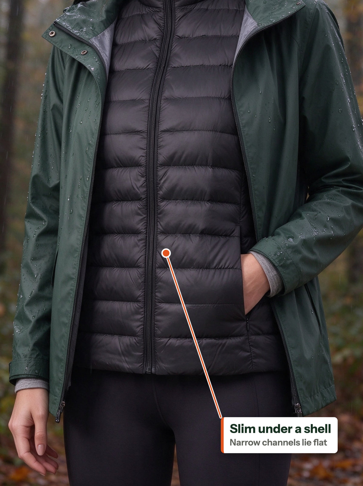 Black down vest worn under an open green rain shell in the forest (EN label)