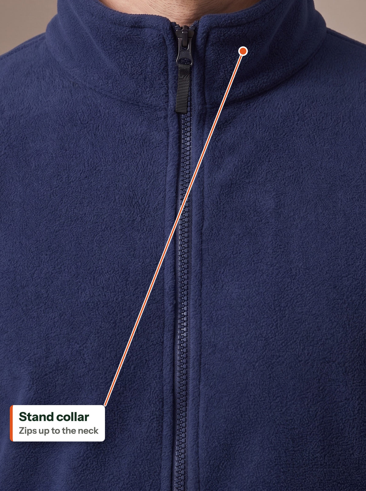 Stand collar of the navy fleece jacket zipped up to the neck (EN label)