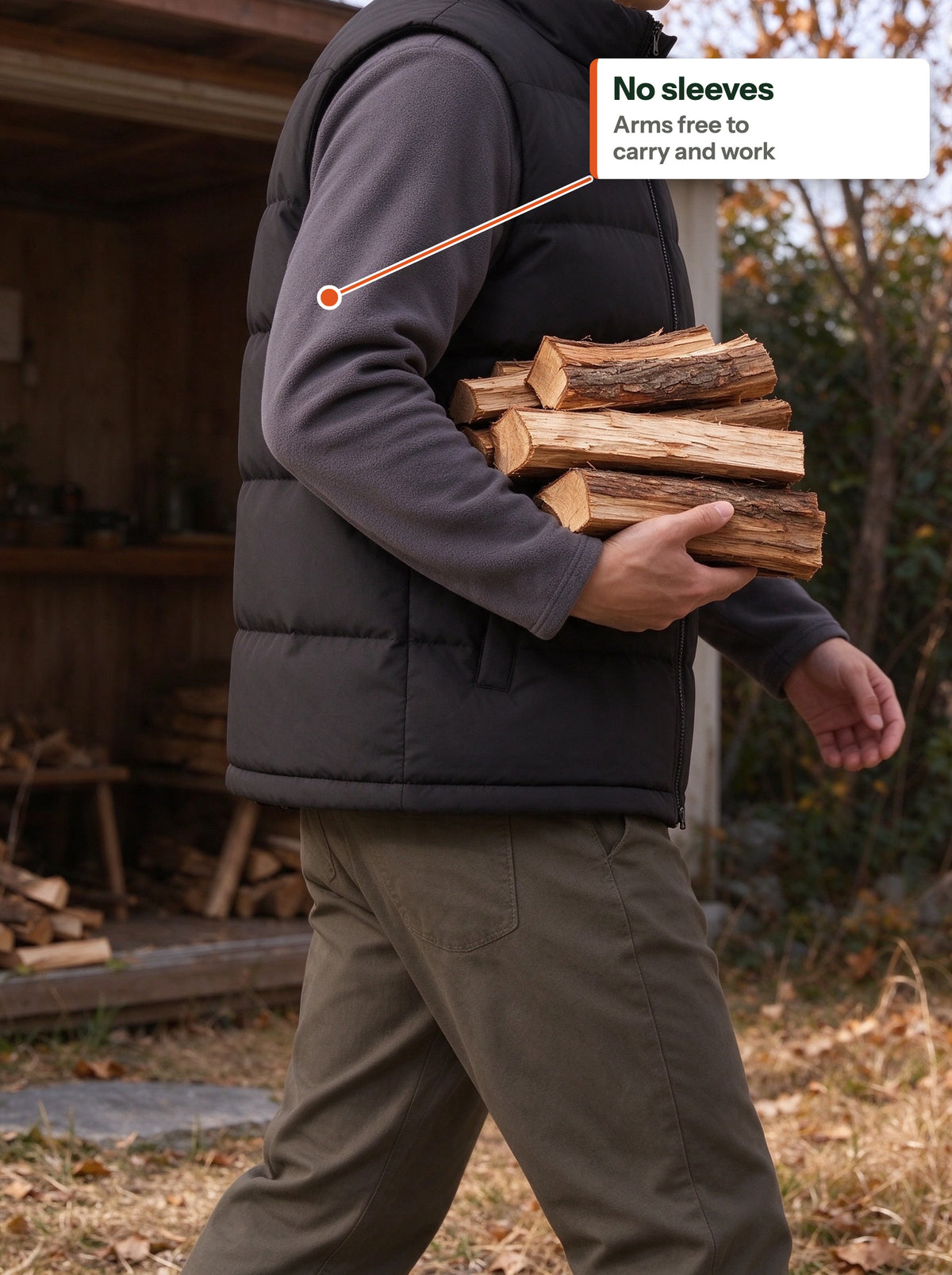 Man in the black quilted vest carrying firewood, arms free (EN label)