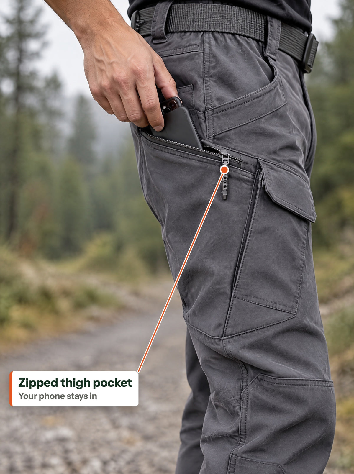 Phone going into the zipped thigh pocket (EN label)