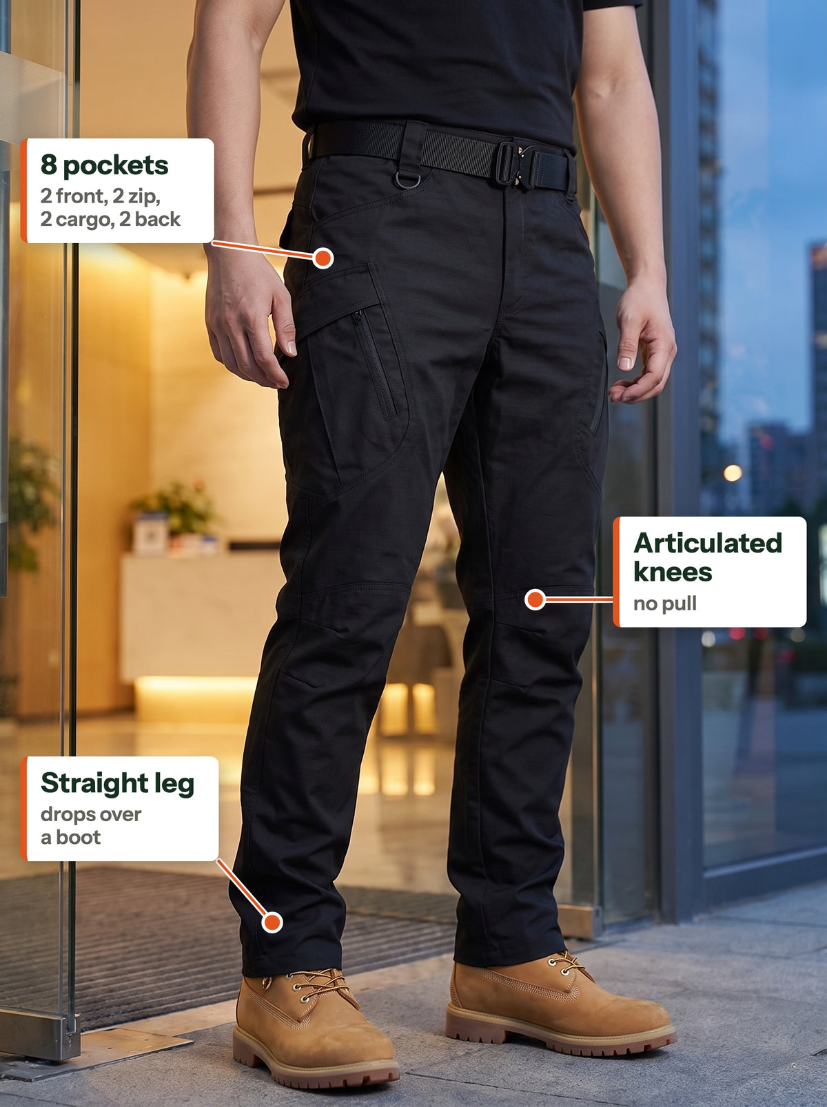 Black tactical cargo trousers at a building entrance: 8 pockets, articulated knees, straight leg (EN label)