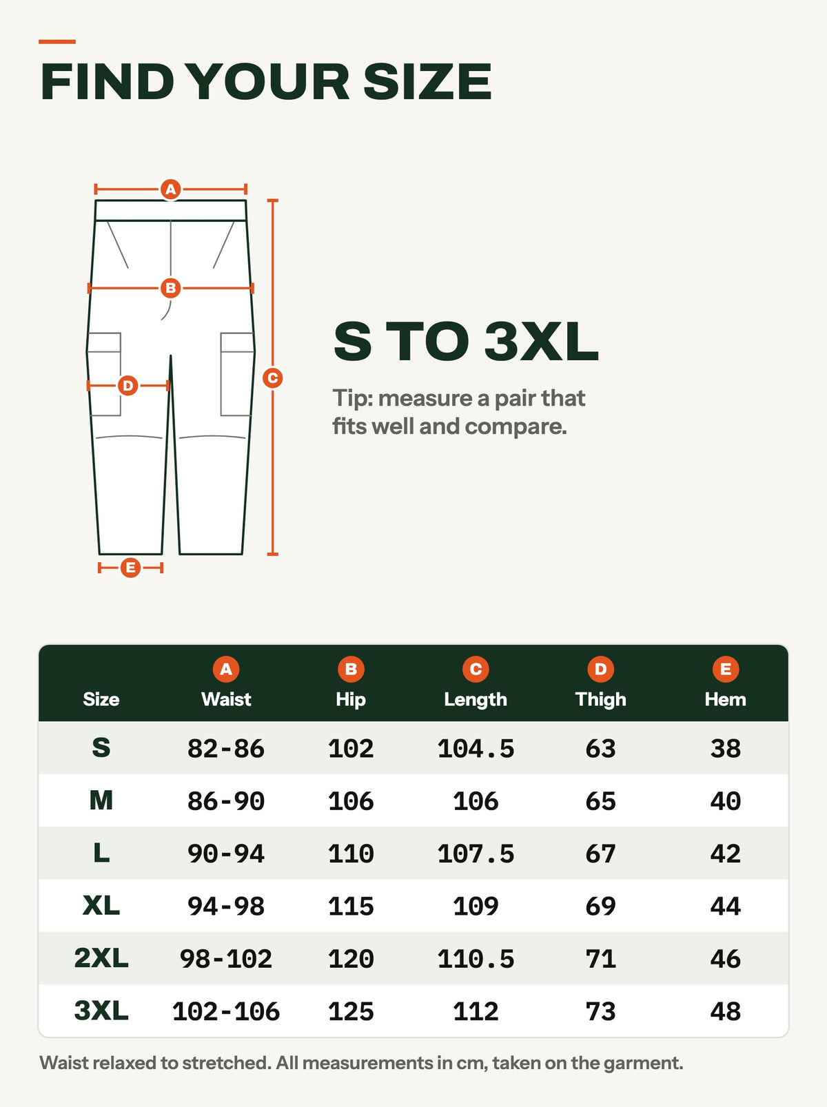 Size chart for the tactical cargo trousers in cm, sizes S to 3XL