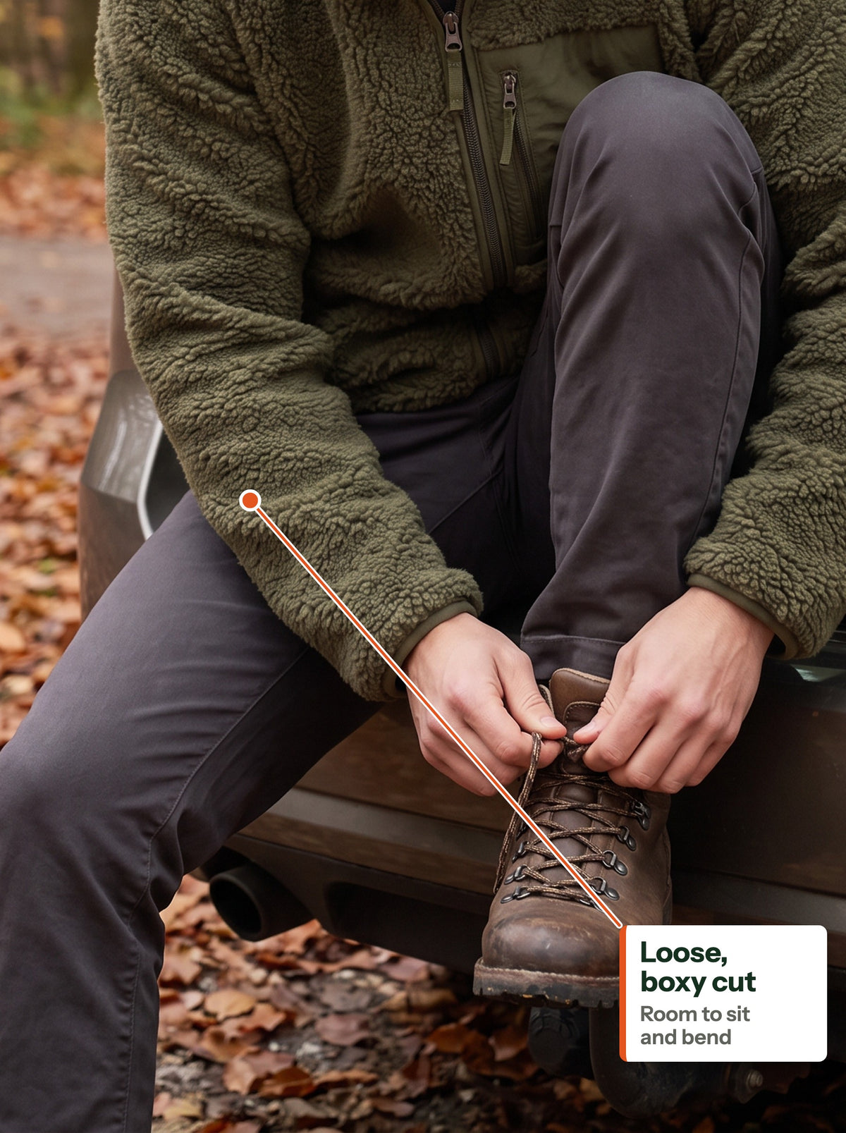 Sitting in the car boot lacing boots in the green teddy jacket (EN label)
