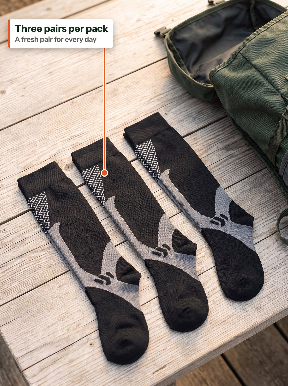 Three pairs of black compression socks on a table next to a backpack (EN label)
