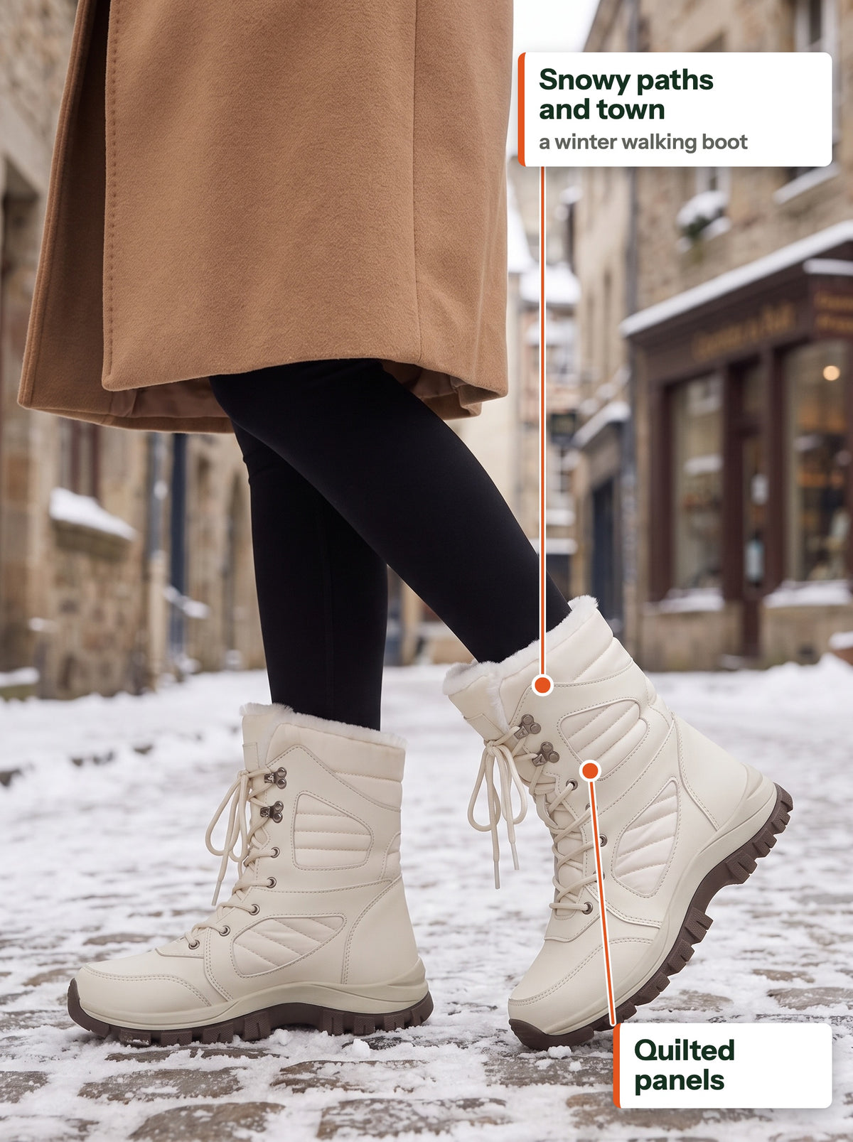 Woman walking over snowy cobbles in an old town in the cream Trail Snow Boot Women (EN label)