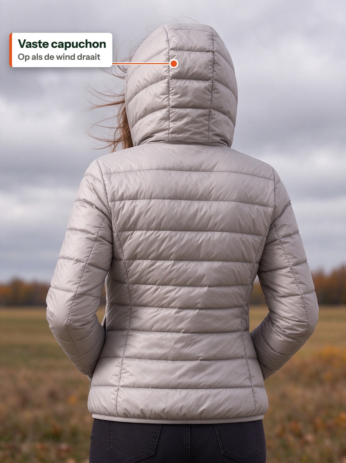 Back view of the grey light down jacket with the hood up on a windy field (NL label)