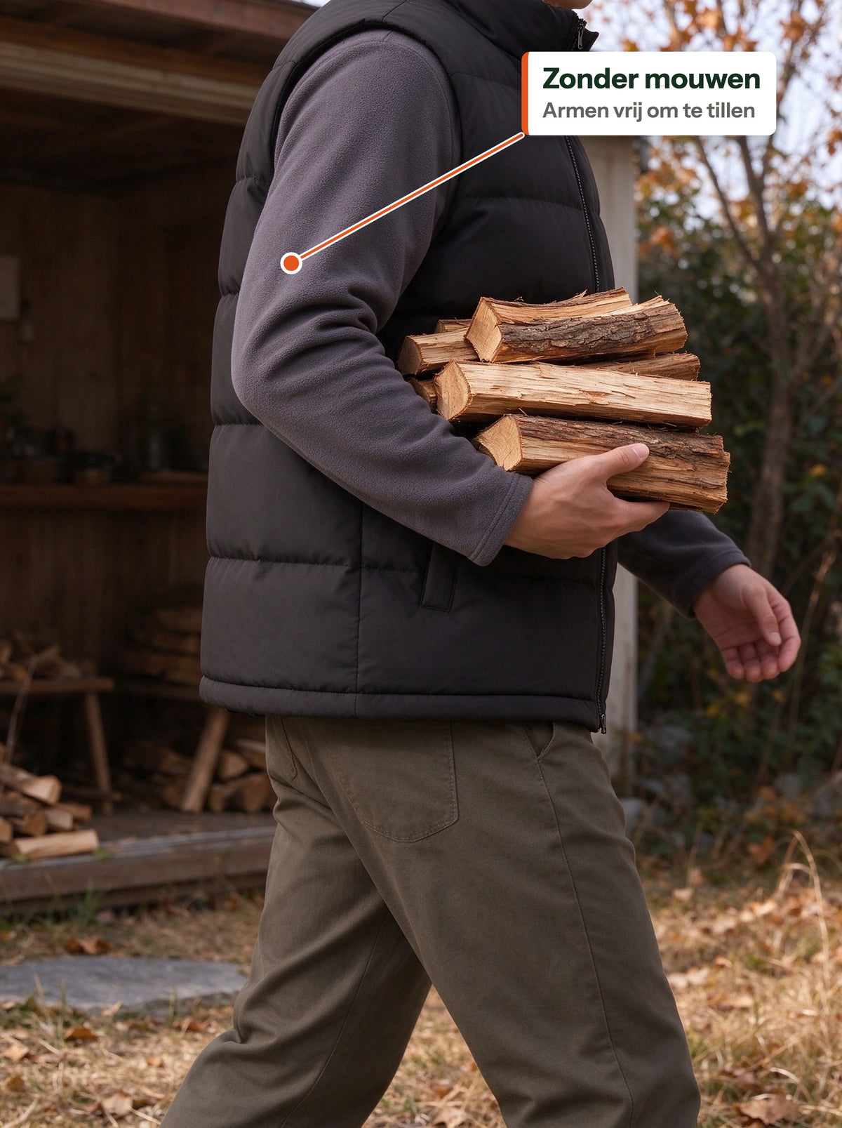 Man in the black quilted vest carrying firewood, arms free (NL label)