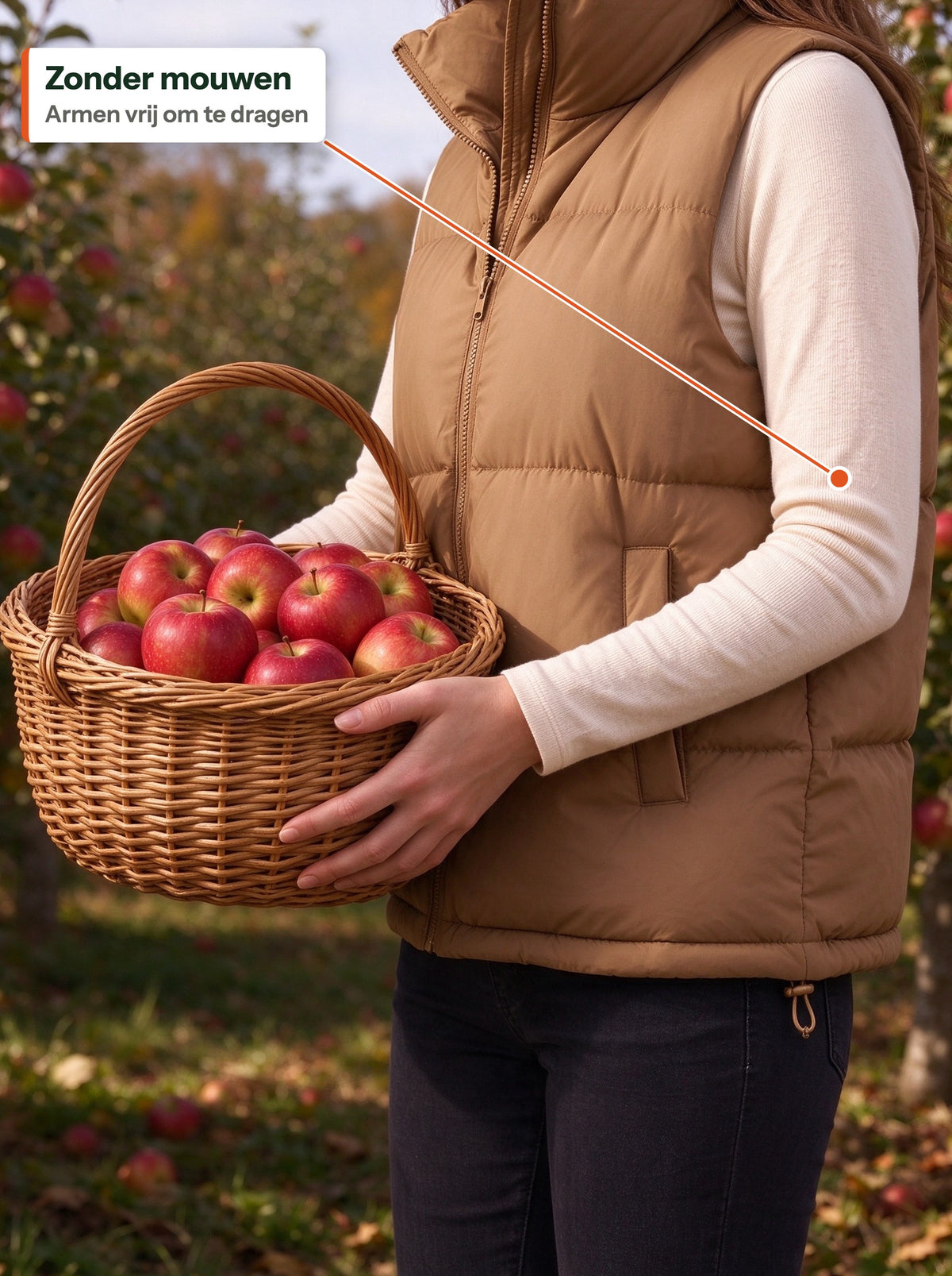 Woman in the camel quilted vest carrying a basket of apples, arms free (NL label)