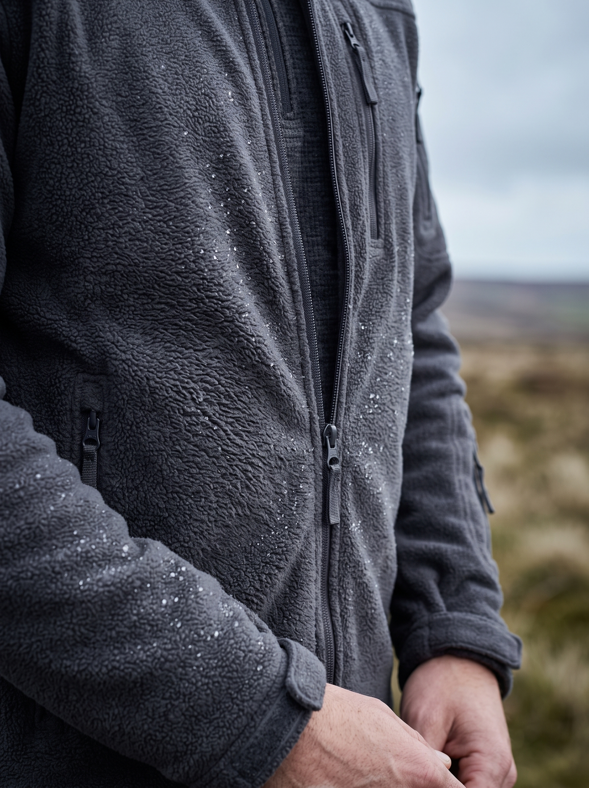 Charcoal polar fleece jacket half unzipped on a misty hilltop, fine droplets resting on the fleece pile at the chest and cuff