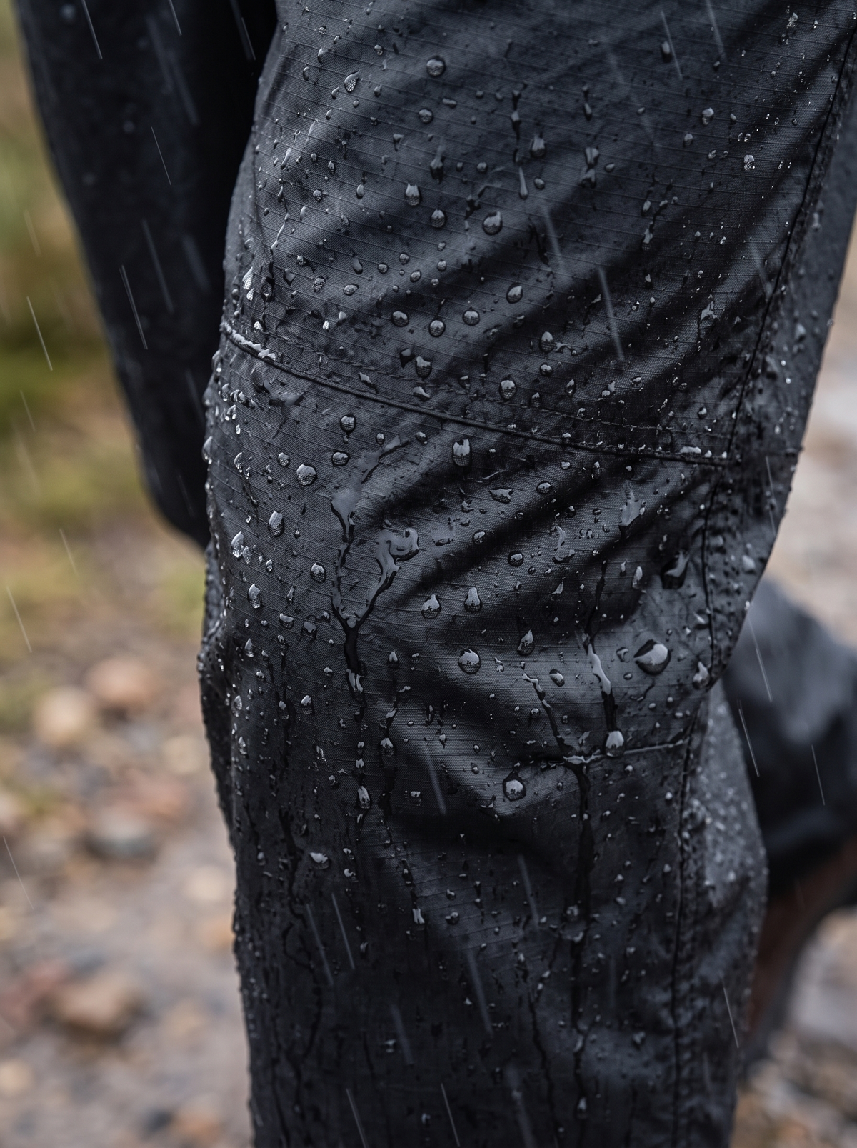 Black waterproof overtrouser at the knee in steady rain, water beading and running off the fabric