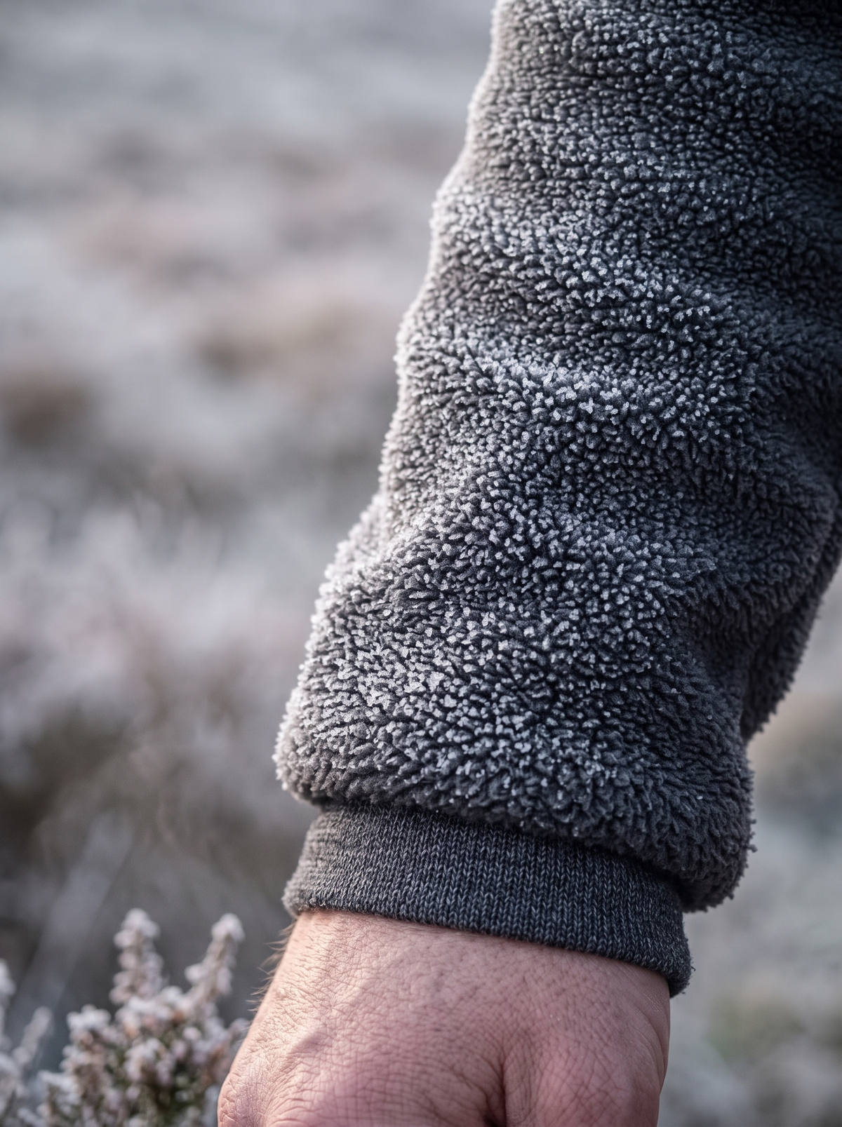 Frost on the thick charcoal polar fleece sleeve at the wrist, the brushed thermal knit base layer showing at the cuff on a frosty morning