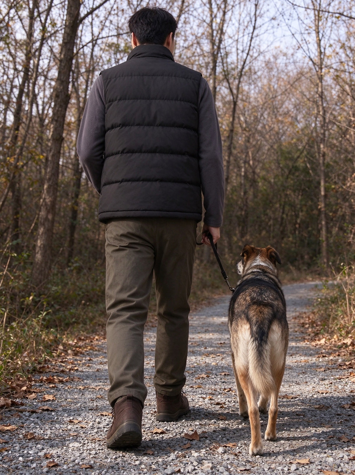 Man in the black quilted vest walking a dog on a gravel track in late autumn
