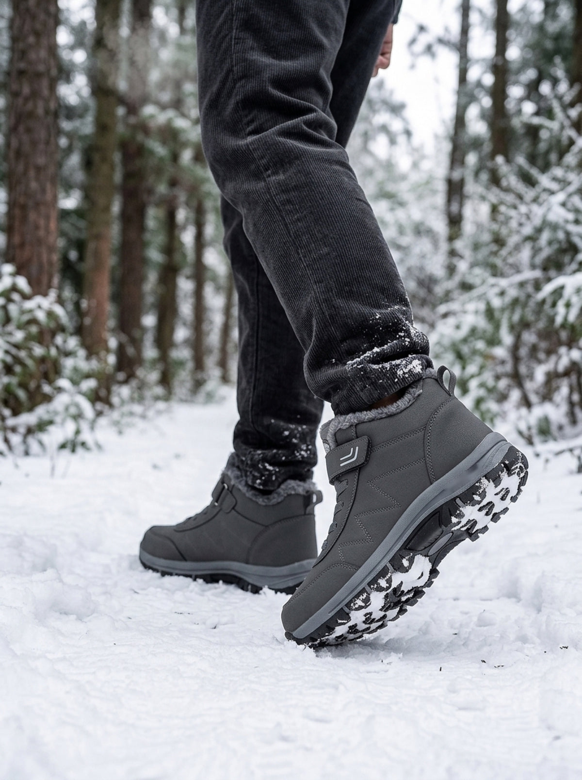 Grey strap winter boots worn on a snowy forest path