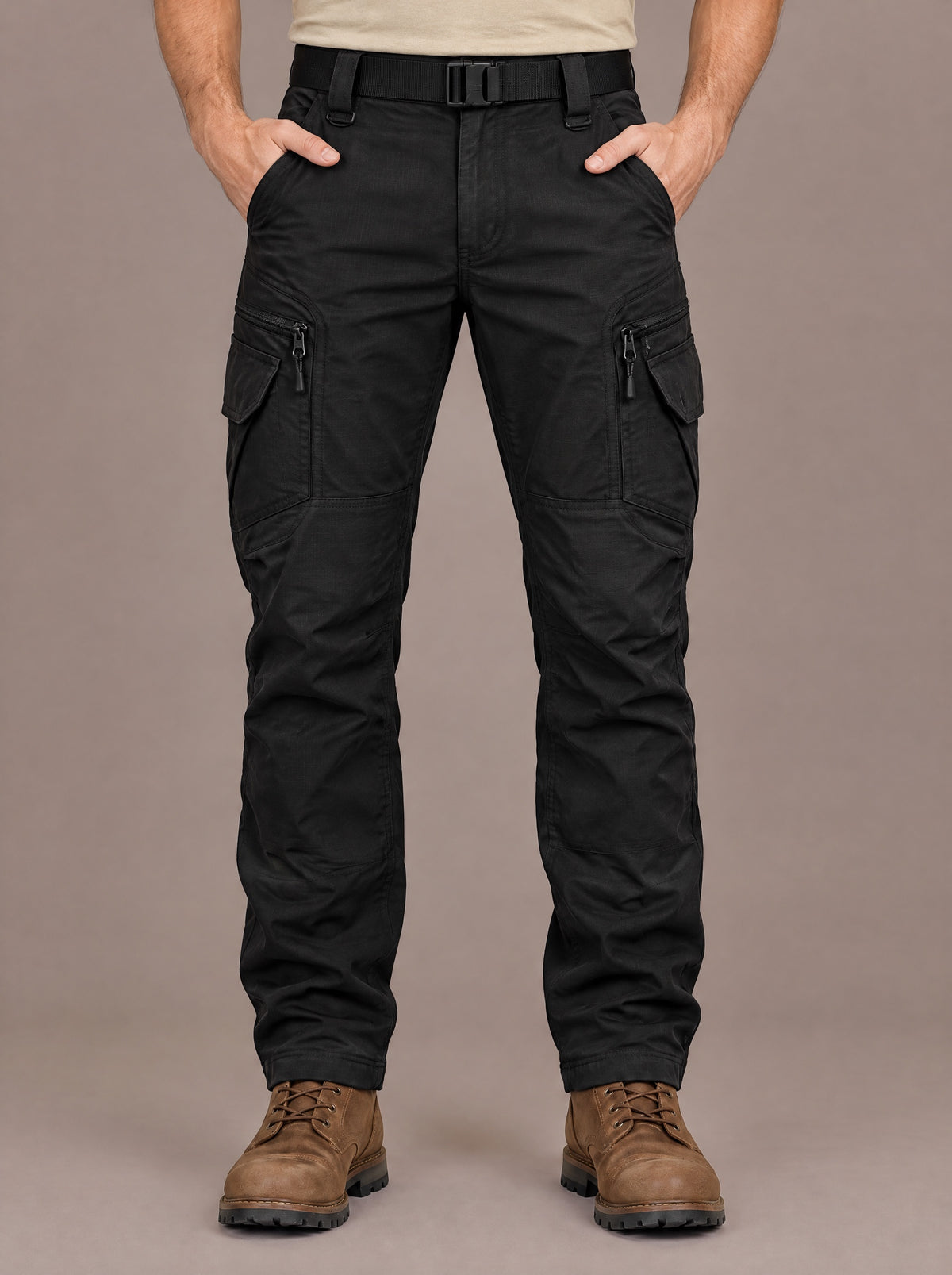 Men's black stretch cotton cargo trousers with zipped thigh pockets, studio view
