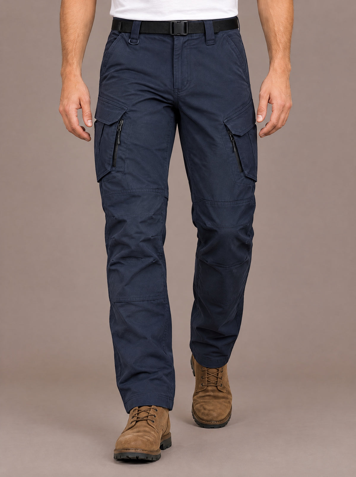 Men's navy stretch cotton cargo trousers with zipped thigh pockets, studio view