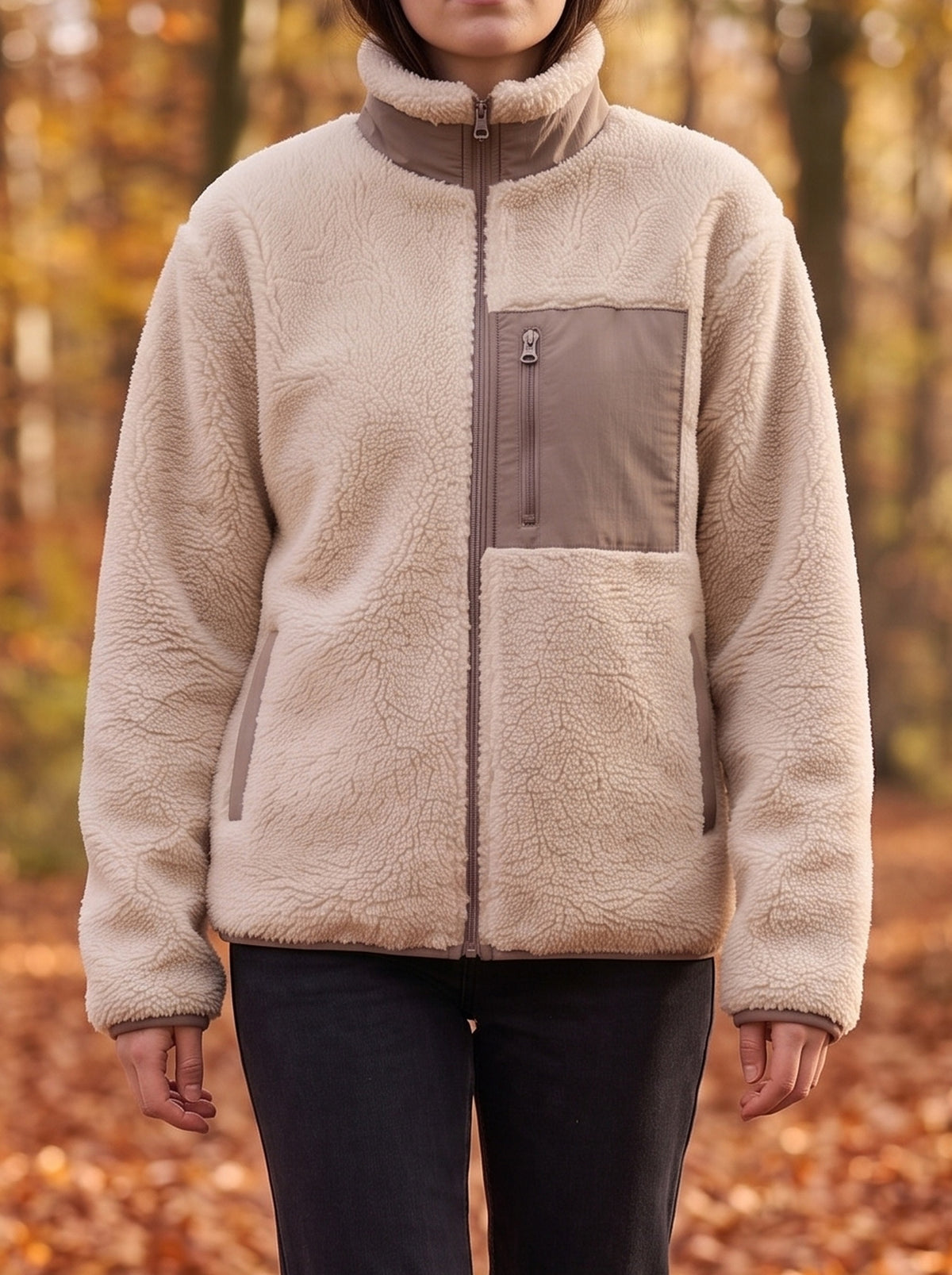 Woman walking a leaf-covered forest path in the beige teddy fleece jacket