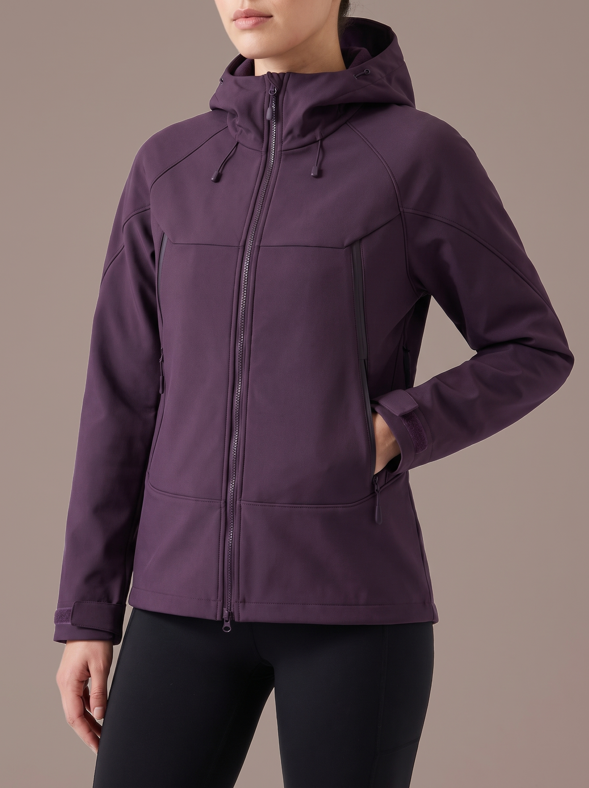Women's plum hooded softshell jacket, three-quarter studio view