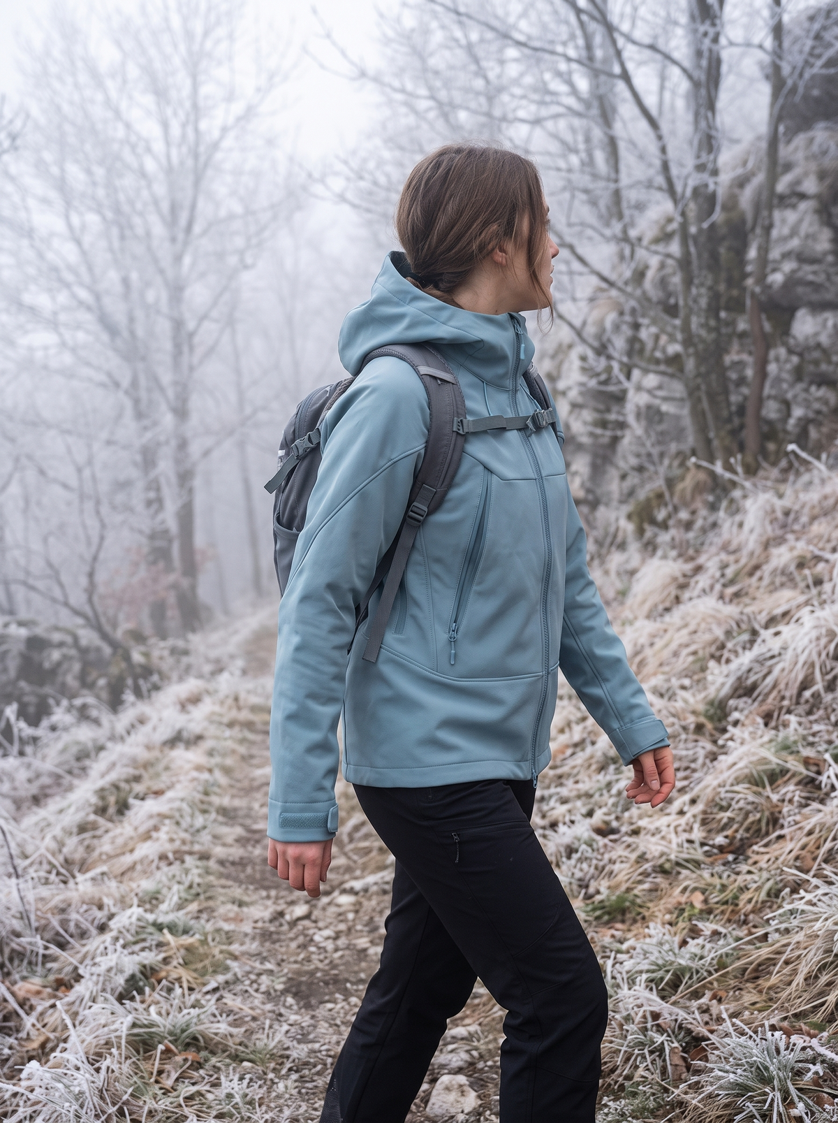 Dusty blue softshell jacket on a frosty forest path
