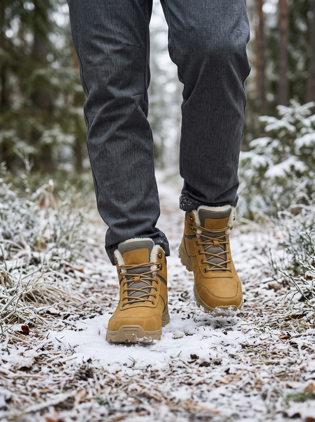 Tan plush-collar hiking boots walking on a snowy forest trail