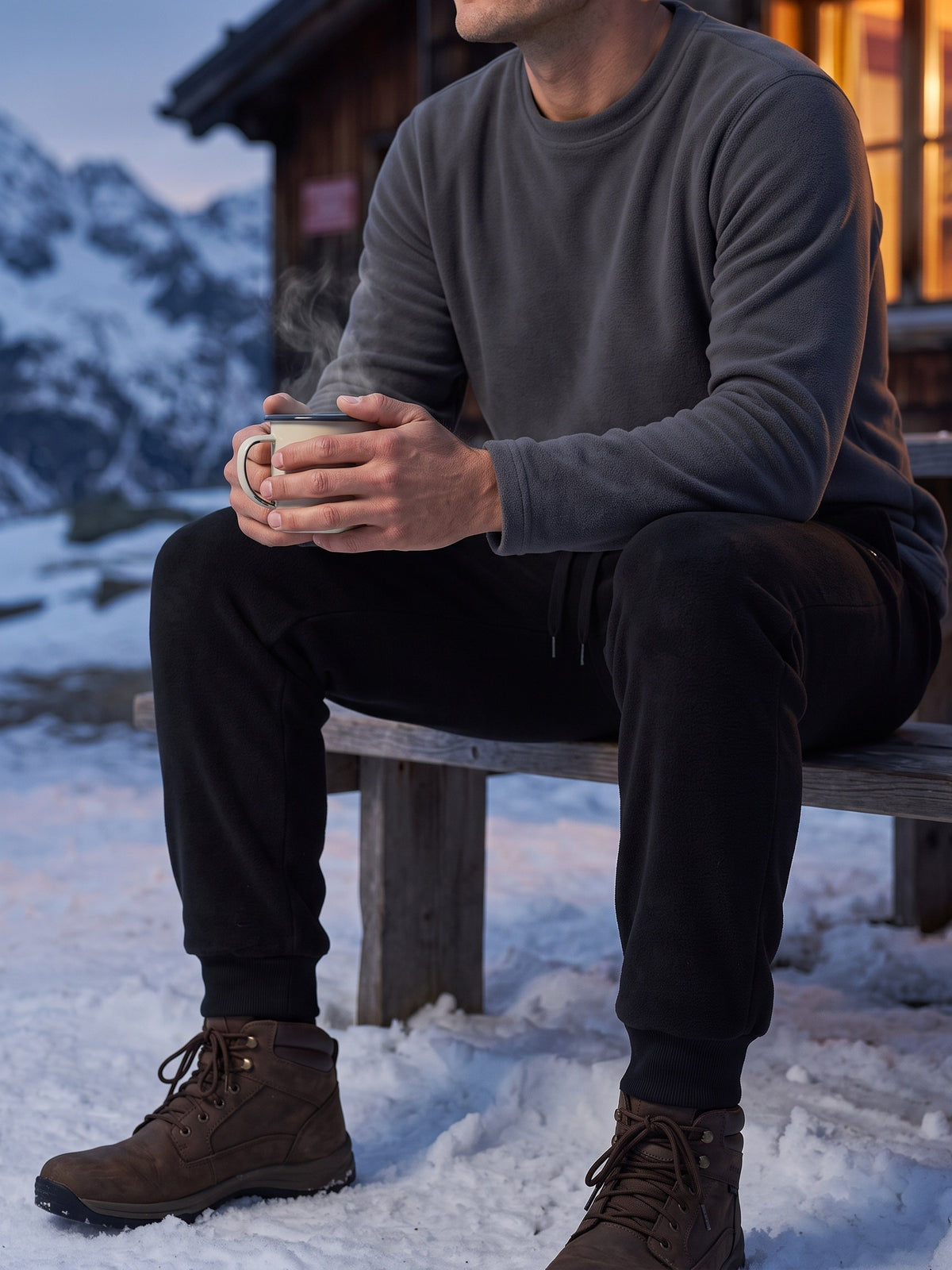 Man sitting on a bench outside a snowy mountain hut at dusk with a hot drink, wearing the black fleece jogger and walking boots