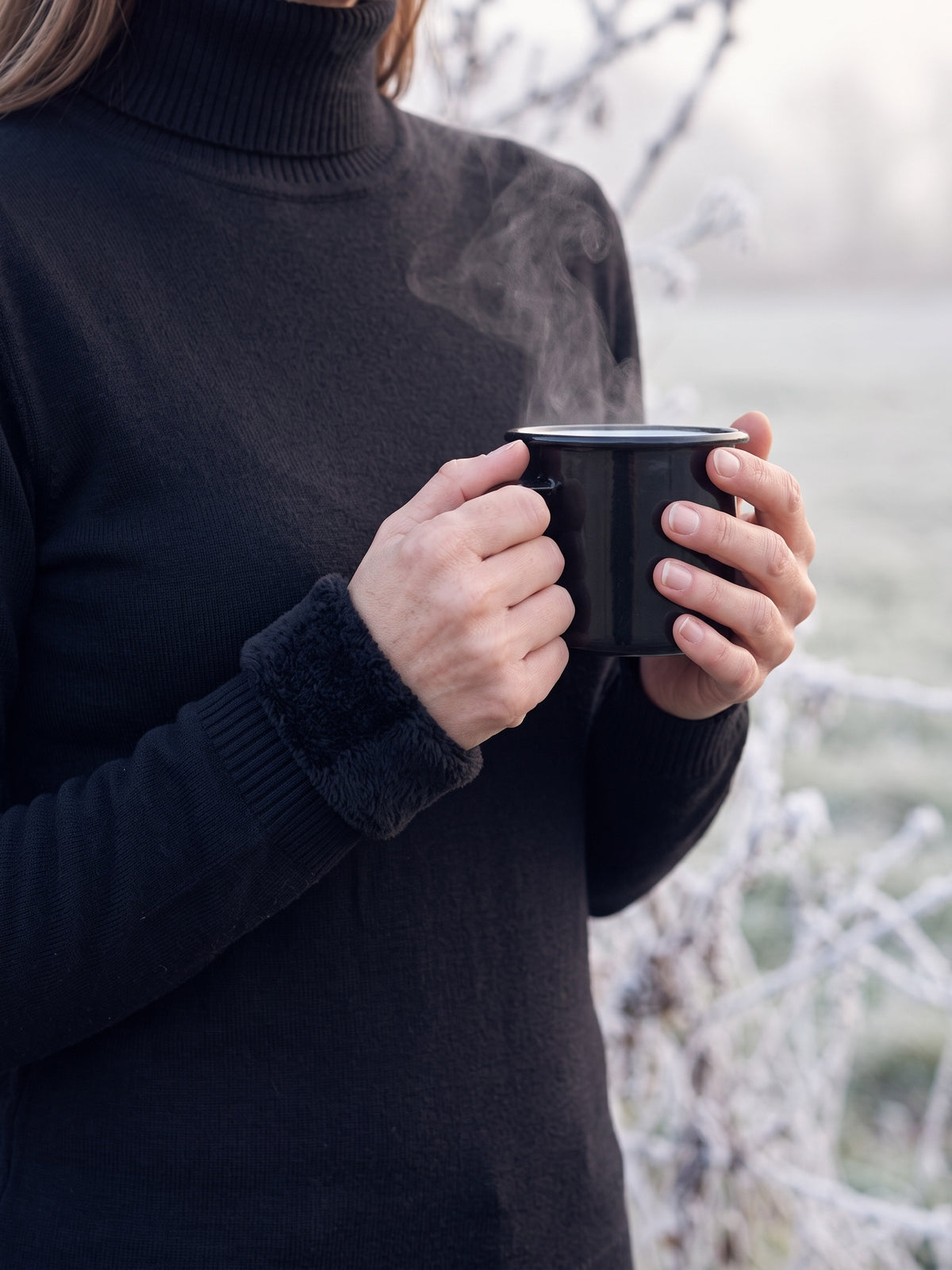 Black fine-knit turtleneck worn on a frosty morning, hands around a hot mug and one cuff folded back to show the thick black plush lining