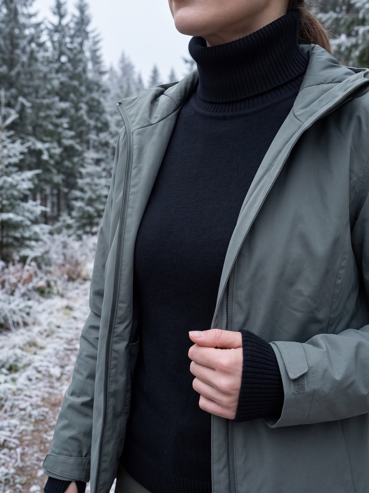 Woman on a frosty pine forest trail wearing the black plush-lined turtleneck under an open grey-green shell, ribbed cuff visible at the wrist