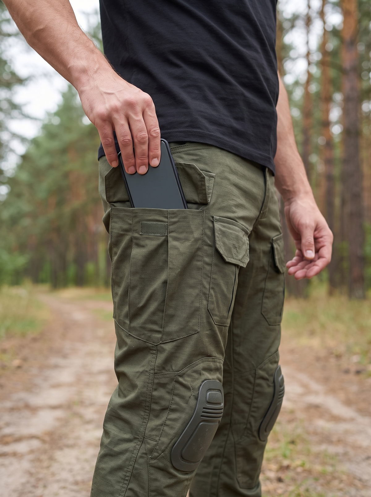 Olive combat trousers, phone taken from the flapped thigh pocket on a forest track