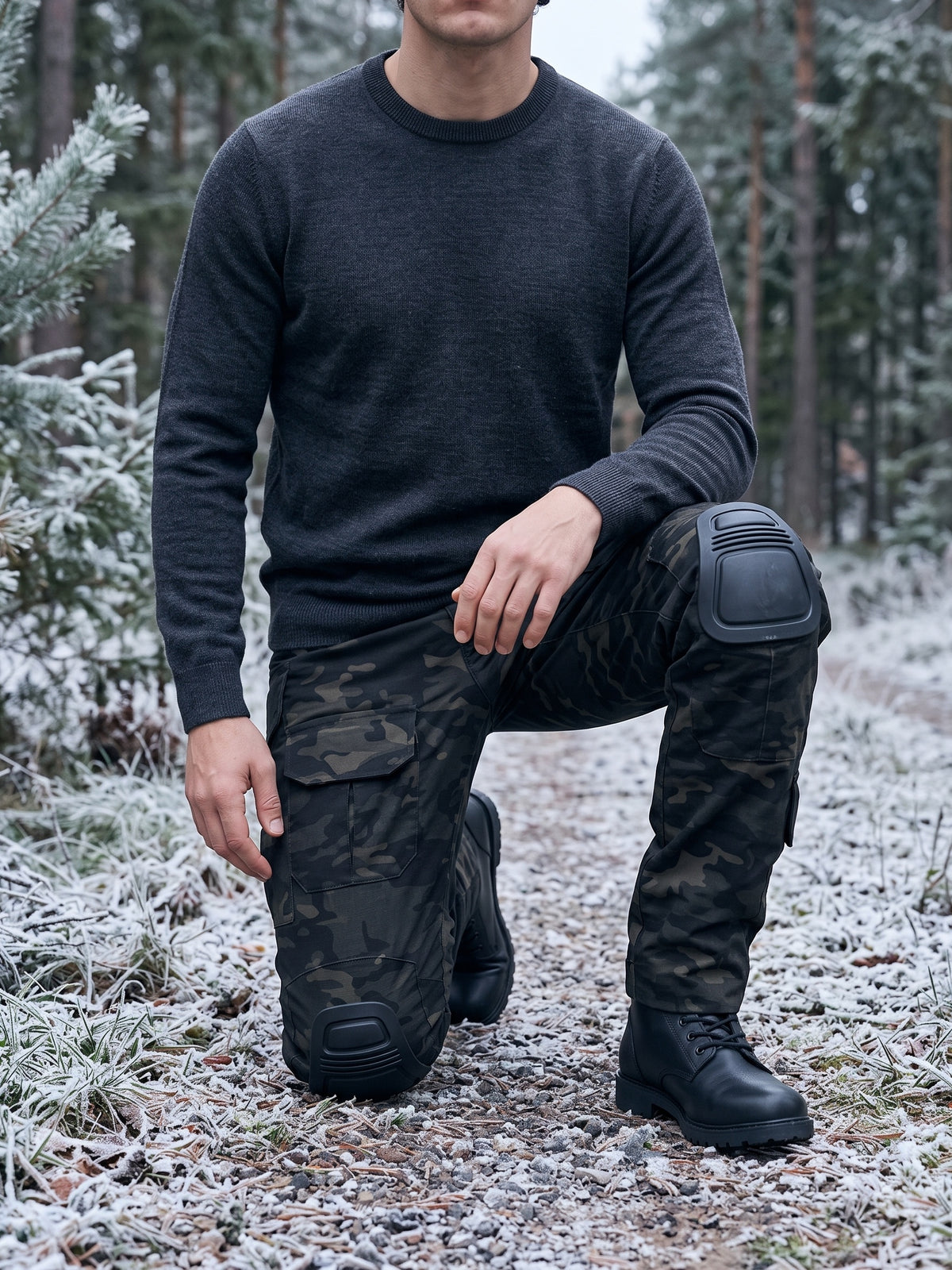 Man kneeling on a frosty forest track in Black Camo combat trousers with knee pads and a dark knit sweater