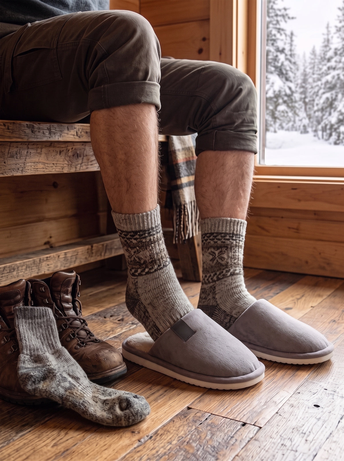 Slippers worn in a cabin after a hike, hiking boots on the floor next to the bench