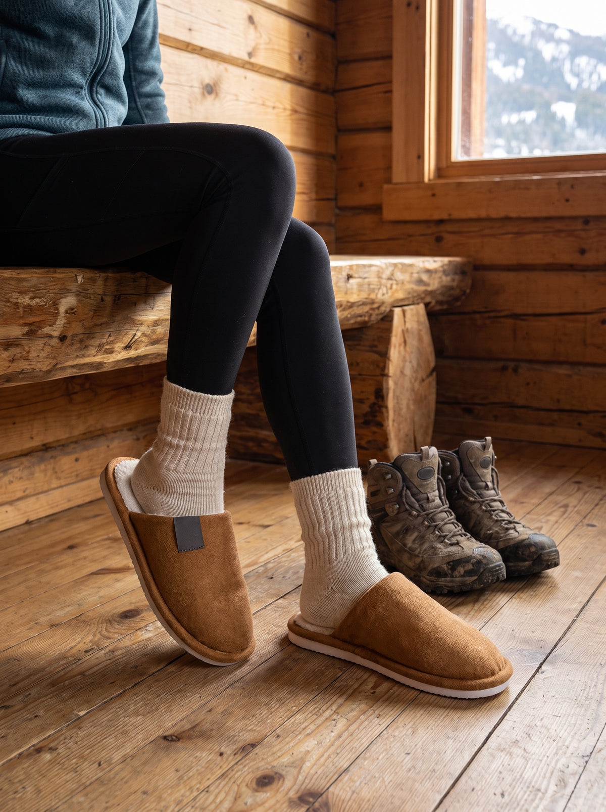 Slippers worn in a cabin after a hike, hiking boots on the floor next to the bench
