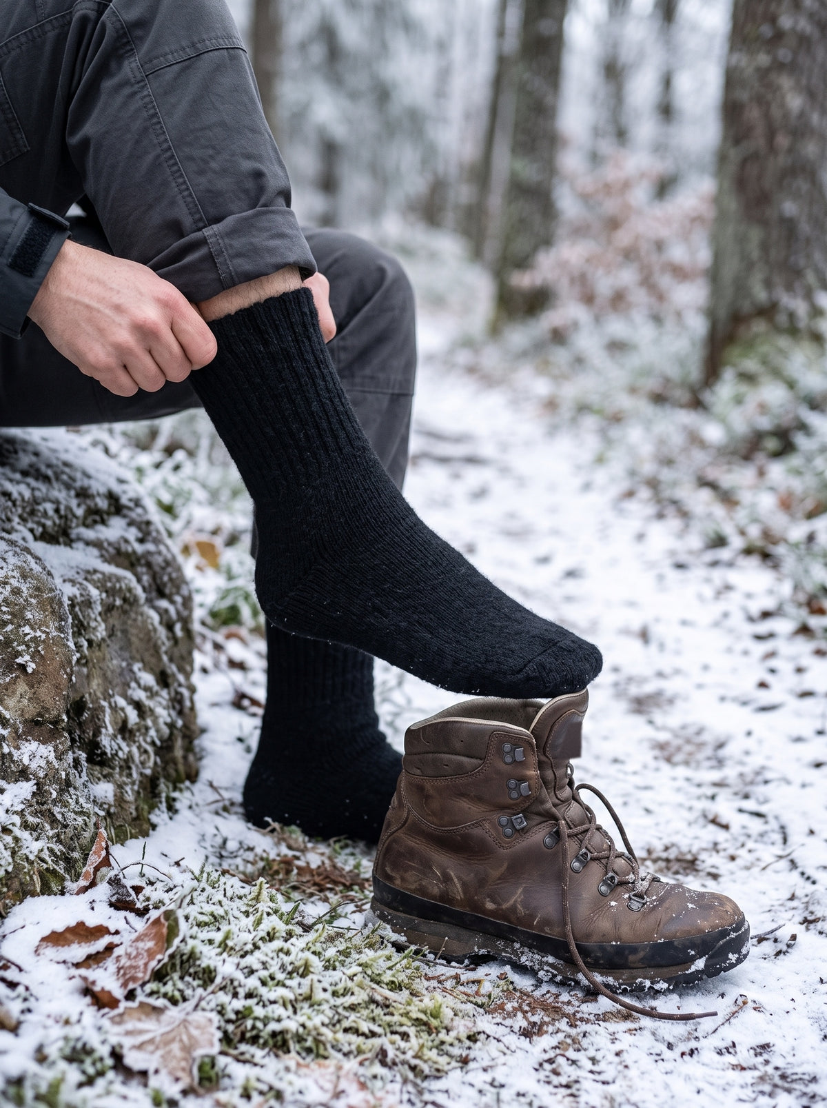 Black chunky knit sock pulled up above a hiking boot on a snowy forest trail