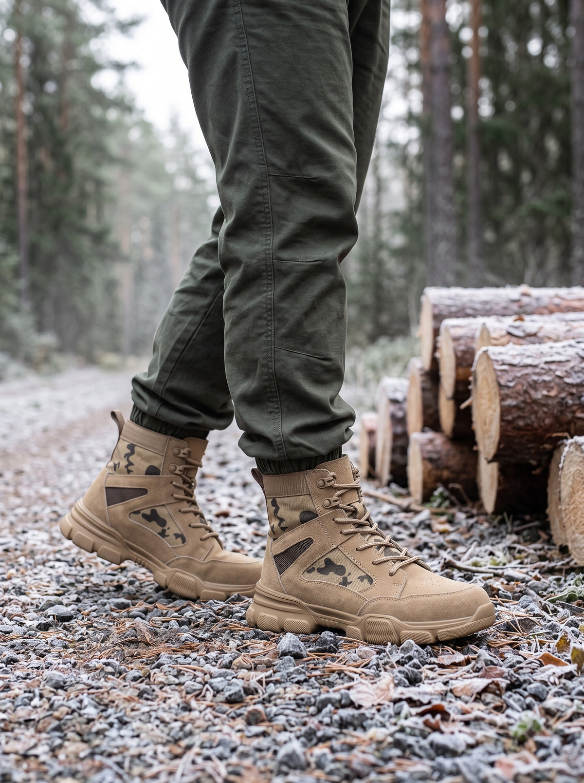 Sand work boots on a frosty gravel forest track next to cut logs
