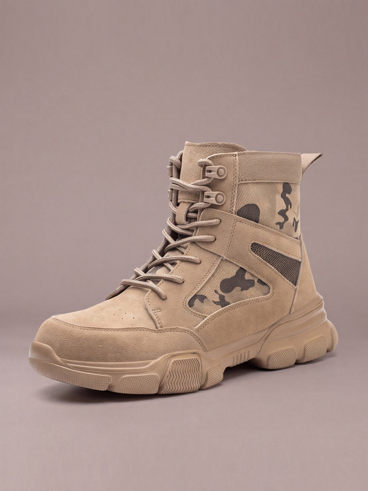 The Camo Work Boot in sand with camo panels, three-quarter view, studio