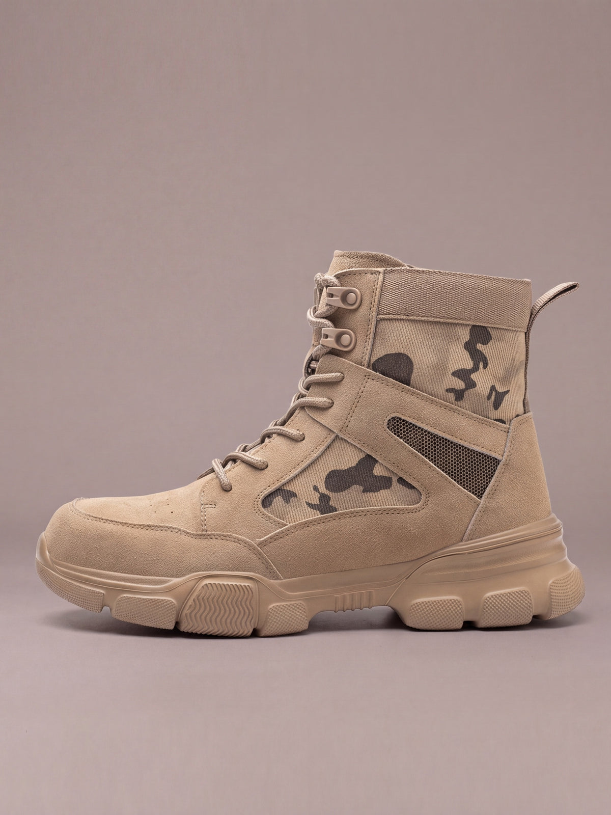 The Camo Work Boot in sand, side view with lug sole, studio