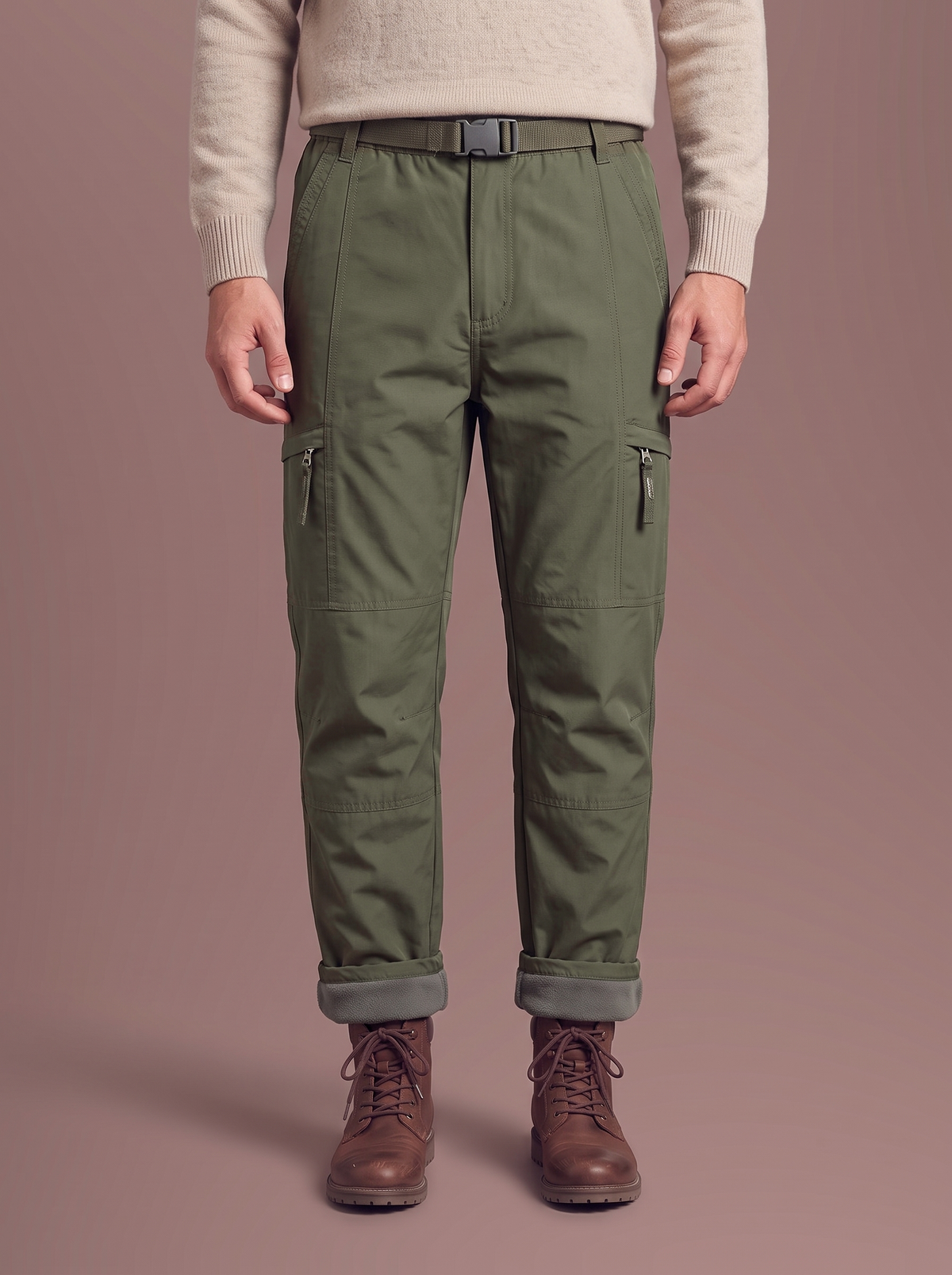 Men's army green fleece-lined cargo trousers, studio view