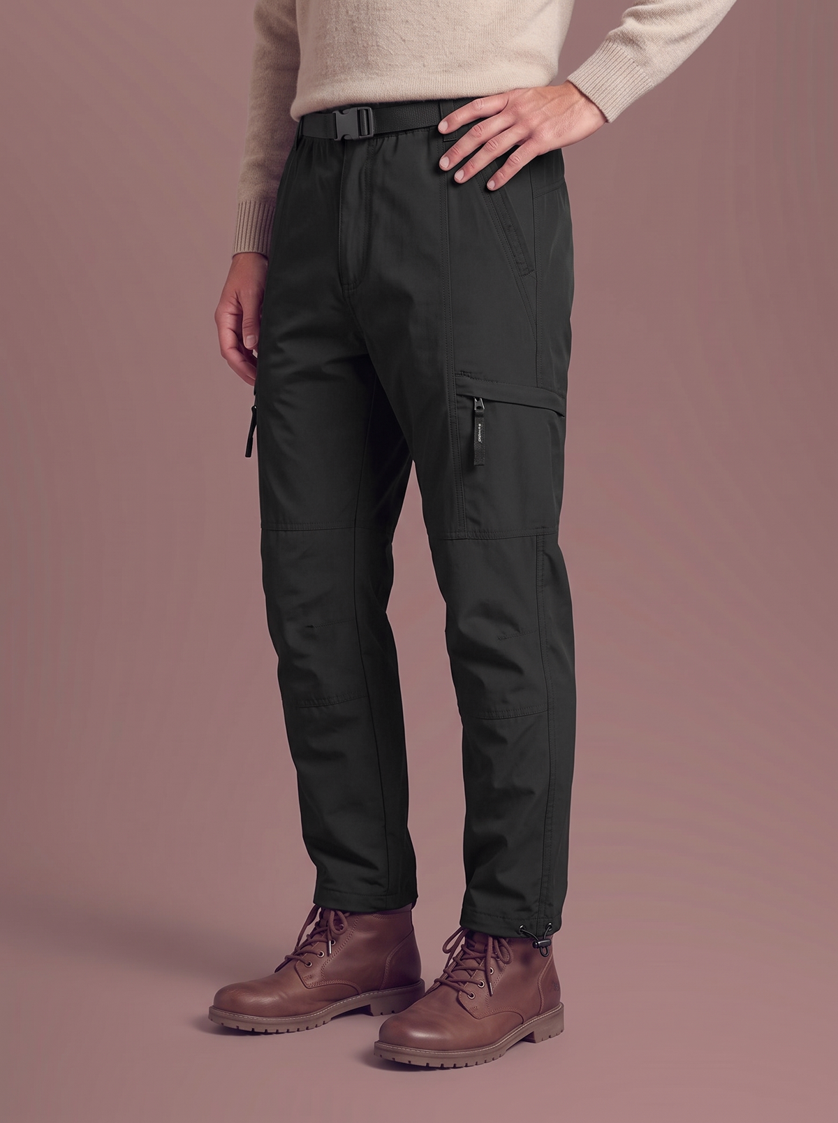 Men's black fleece-lined cargo trousers, studio view