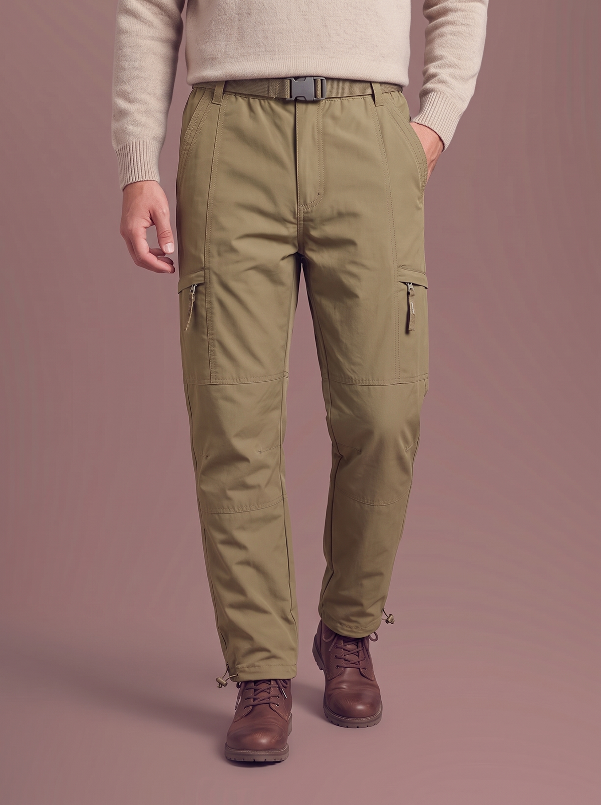 Men's khaki fleece-lined cargo trousers, studio view
