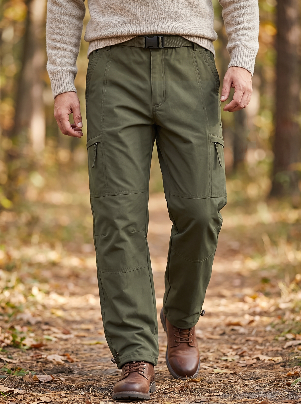 Army green cargo trousers worn on a forest path