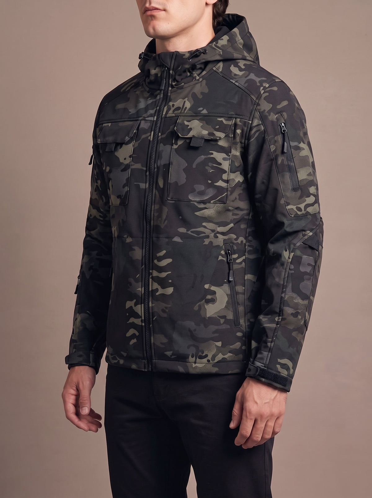Men's Combat Softshell in black camo, studio view