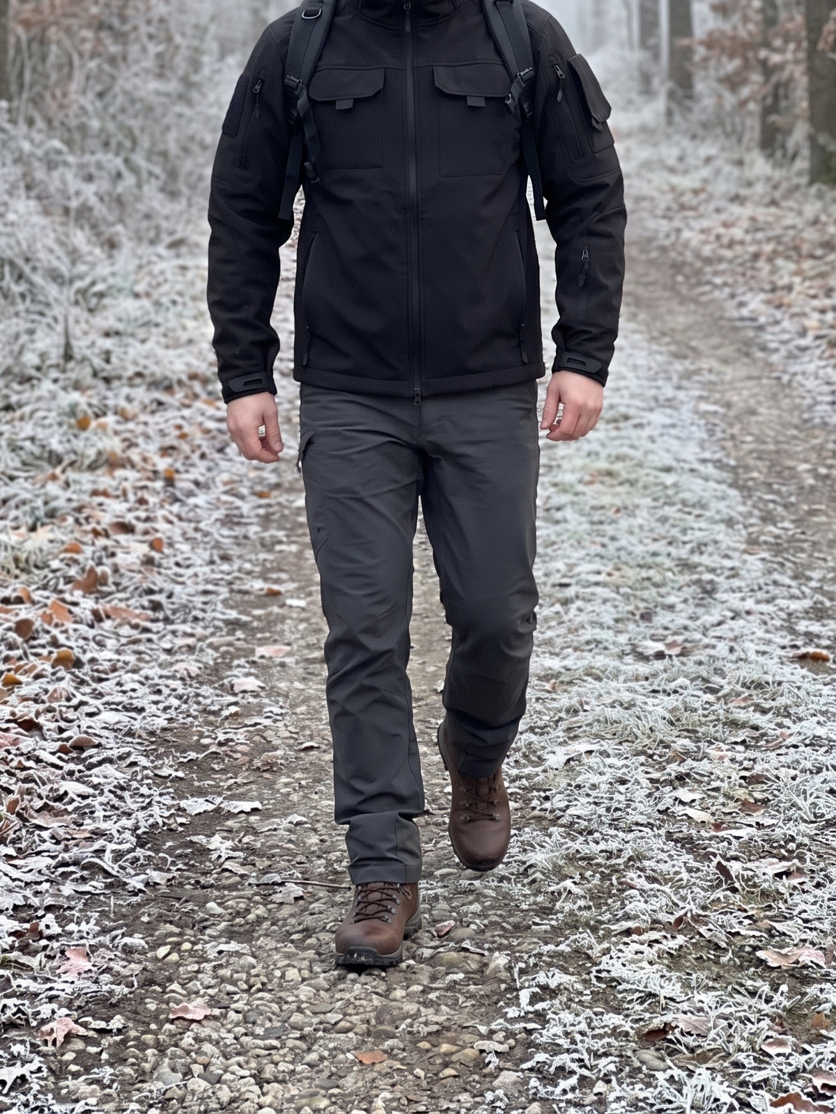 Black Combat Softshell worn on a frosty forest track with a backpack