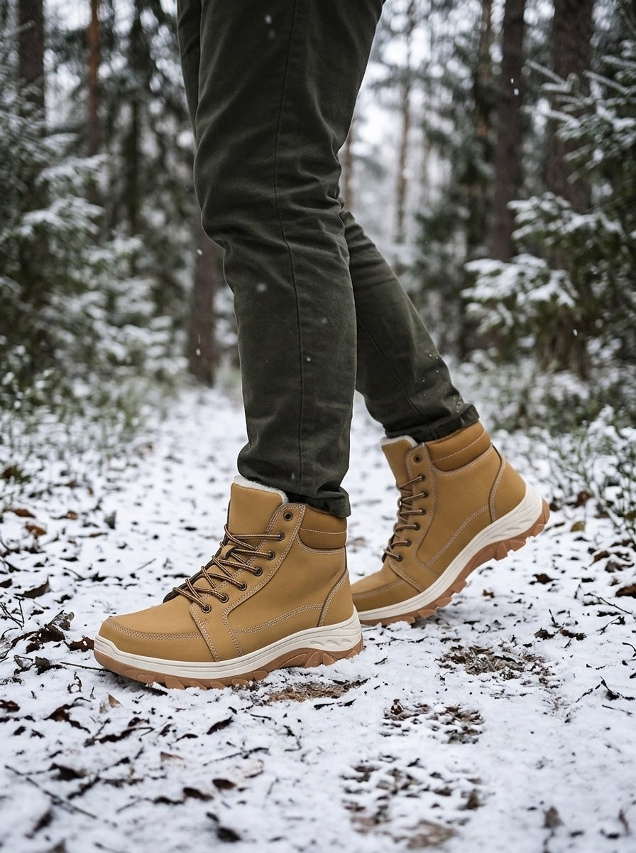 Tan lace-up winter boots worn on a snowy forest path