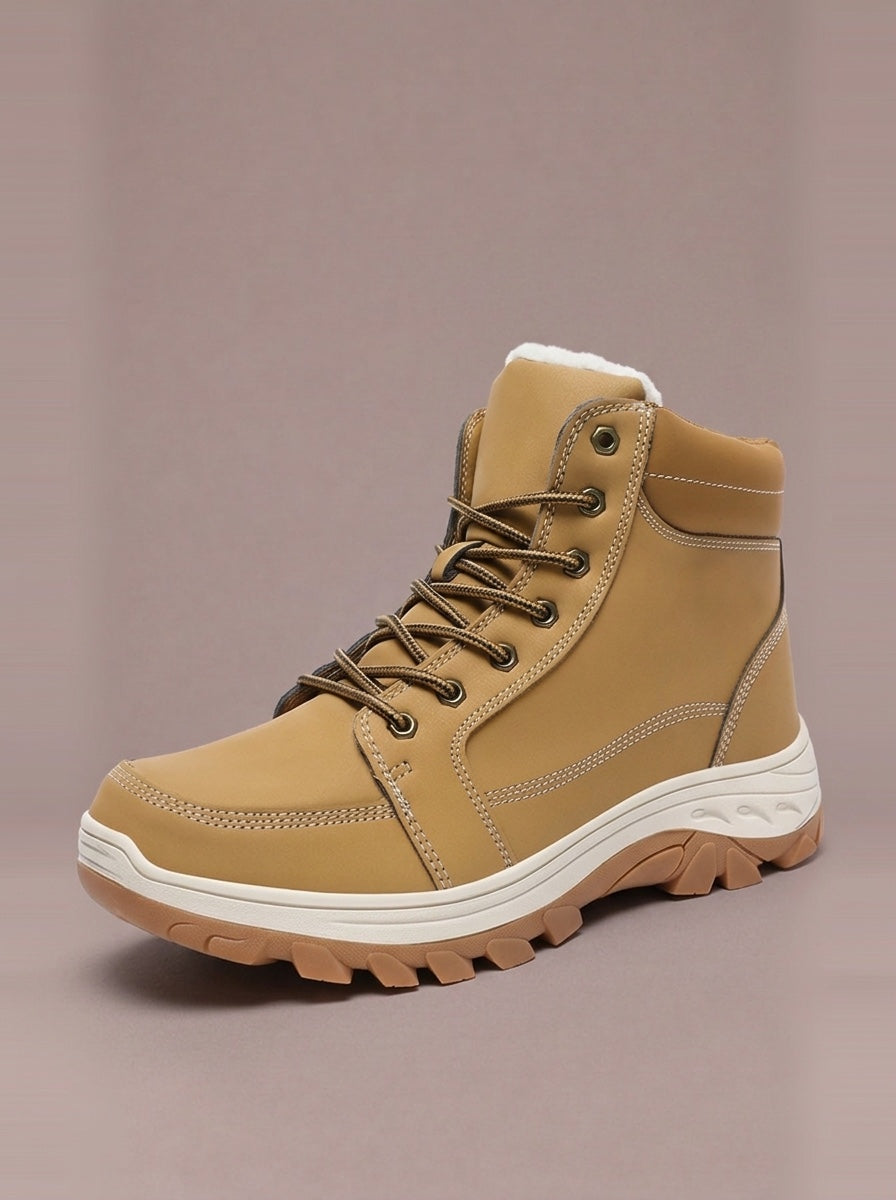 The Lined Field Boot in tan, lace-up winter ankle boot with lined collar, studio
